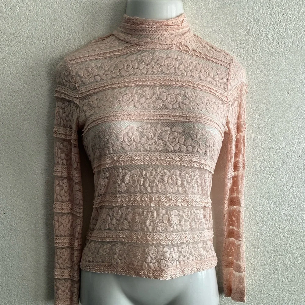 Zara Women’s Blush Cream Lace Long-Sleeve Mock Neck Top M